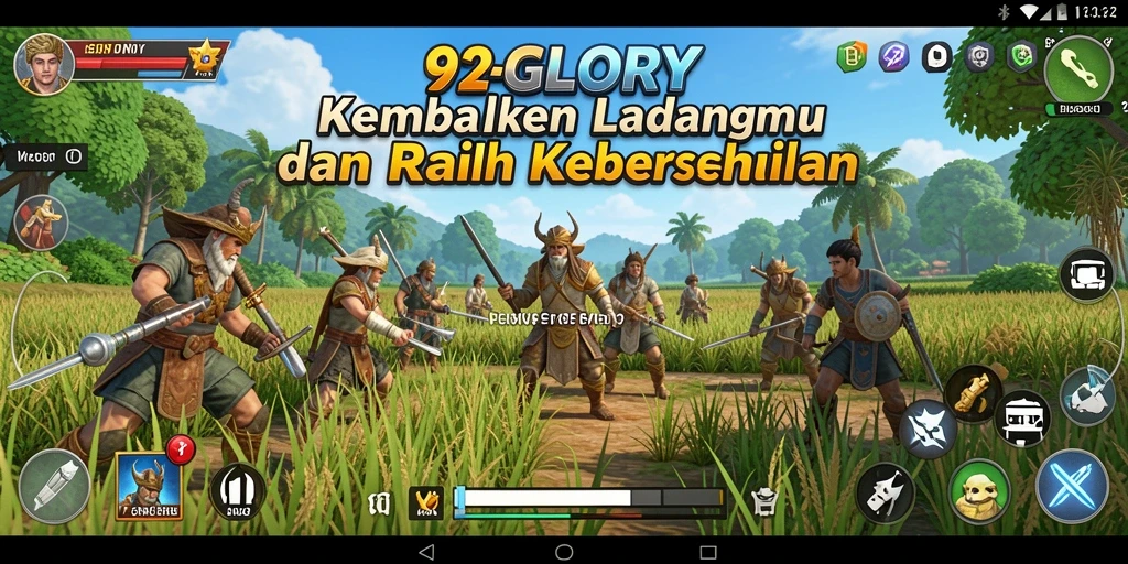 Gameplay mendalam 92GLORY dengan ladang subur dan hewan ternak.