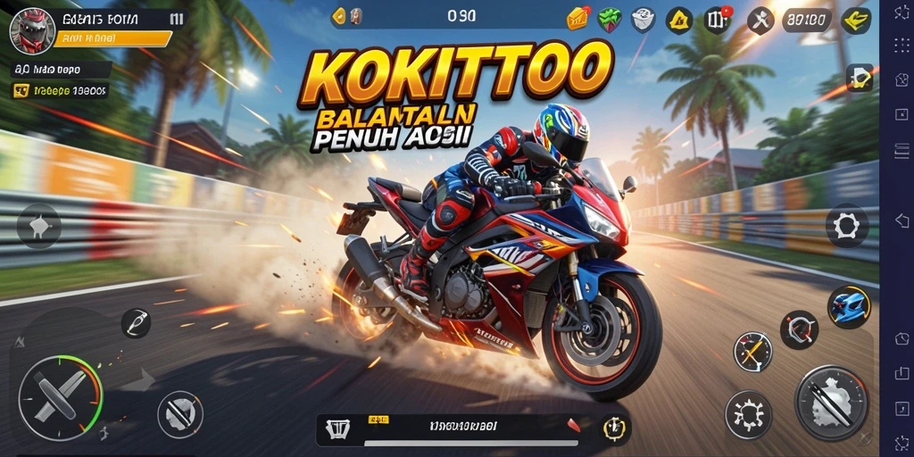 Tampilan gameplay KOKITOTO dengan motor balap yang cepat dan trek yang menantang.