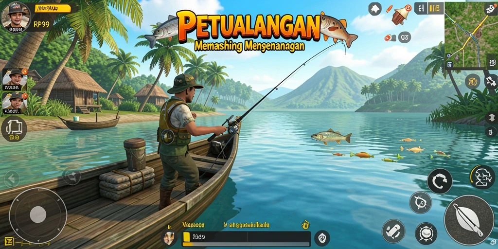 Tampilan menarik dari gameplay memancing RP99 dengan berbagai jenis ikan.
